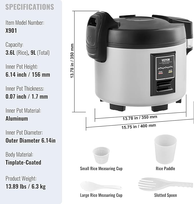 VEVOR Commercial Rice Cooker, 45-Cup Rice Cooker, 9.51 Qt / 9 Liter Large Rice