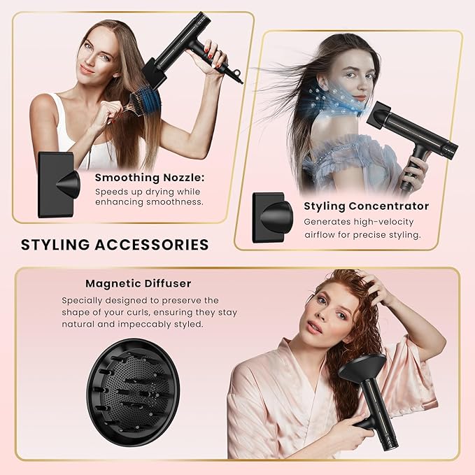 Prastiny Hair Dryer with Diffuser: Professional High Speed Quiet Ionic Blow