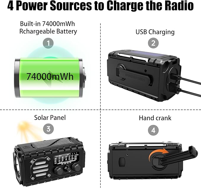 20000mah Hand Crank Emergency Radio, SW/NOAA/AM/FM Weather Radio, Solar Powered