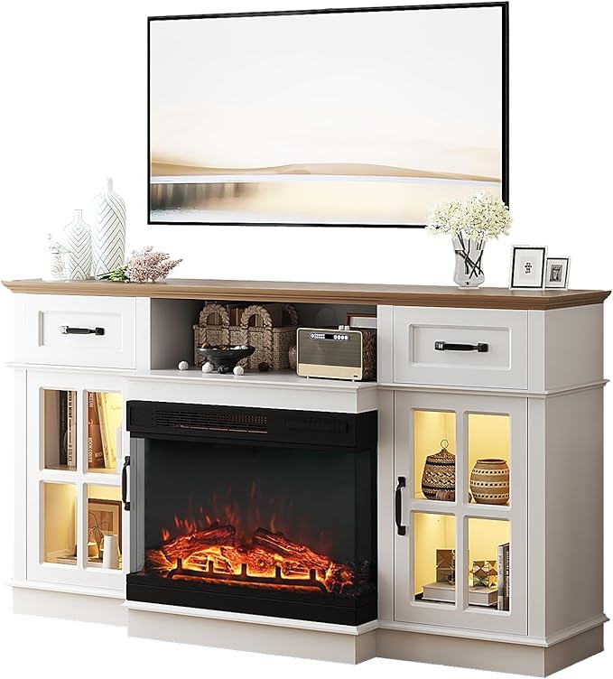 Bonnlo Fireplace TV Stand for up to 65-Inch TVs, Modern Electric Fireplace TV