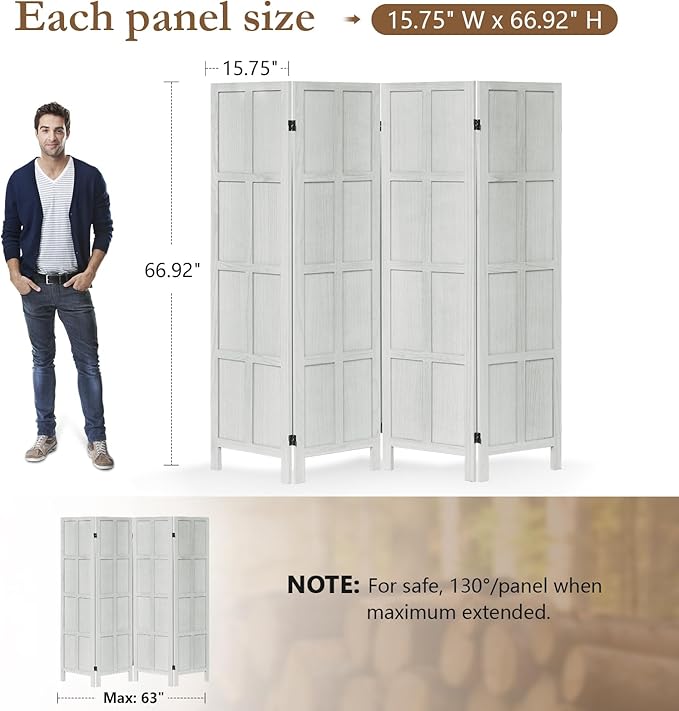 ALeesing 4 Panel Room Divider, 5.6Ft Wood Room Dividers and Folding Privacy