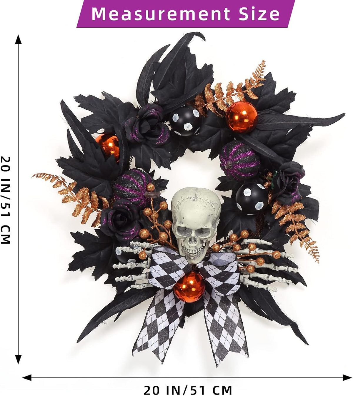 Halloween Wreath for Front Door Halloween Skeleton Decorations, 20 Inch Pumpkin Wreath with Skull Black Roses Maple Leaves for Window Indoor Outside Home Party Decor