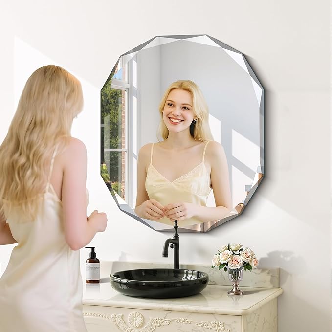 GLASHOM Frameless Bathroom Mirror, 30x36 inch Vanity Mirror Beveled Edge Wall