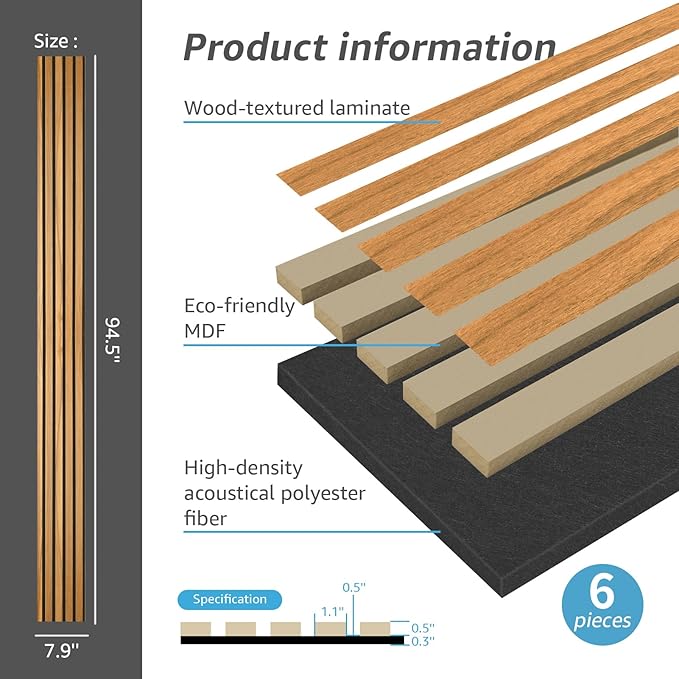 Art3d 6-Pack Acoustic Wood Slat Wall Panels