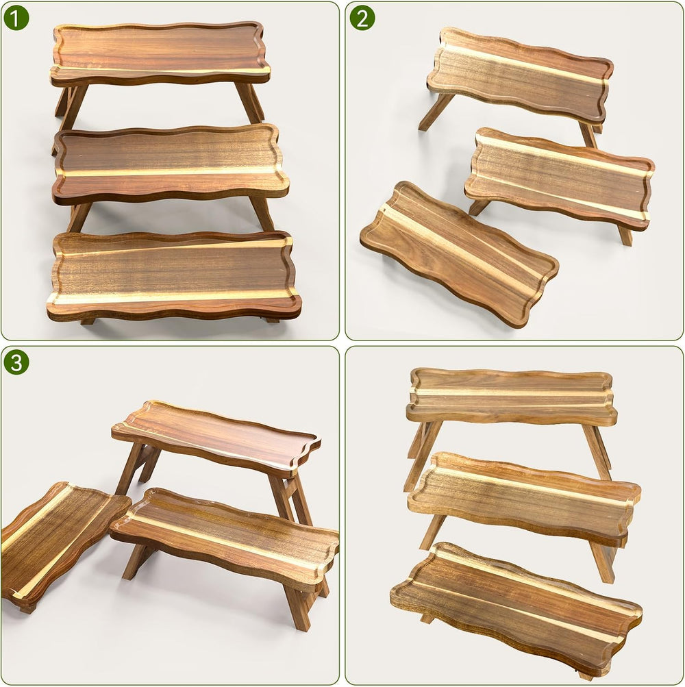 Acacia Wood 3 Tier Cupcake Stand, Serving Tray for Party, Foldable Dessert Ta...