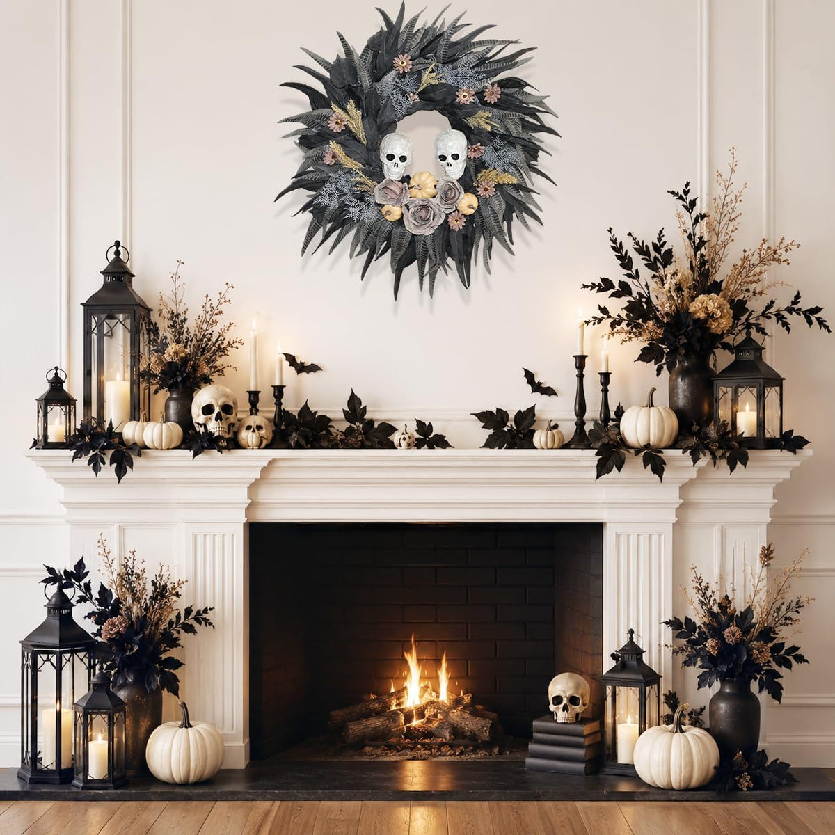24" Halloween Wreath with 2 Skulls, 3 Pumpkins and Withered Roses