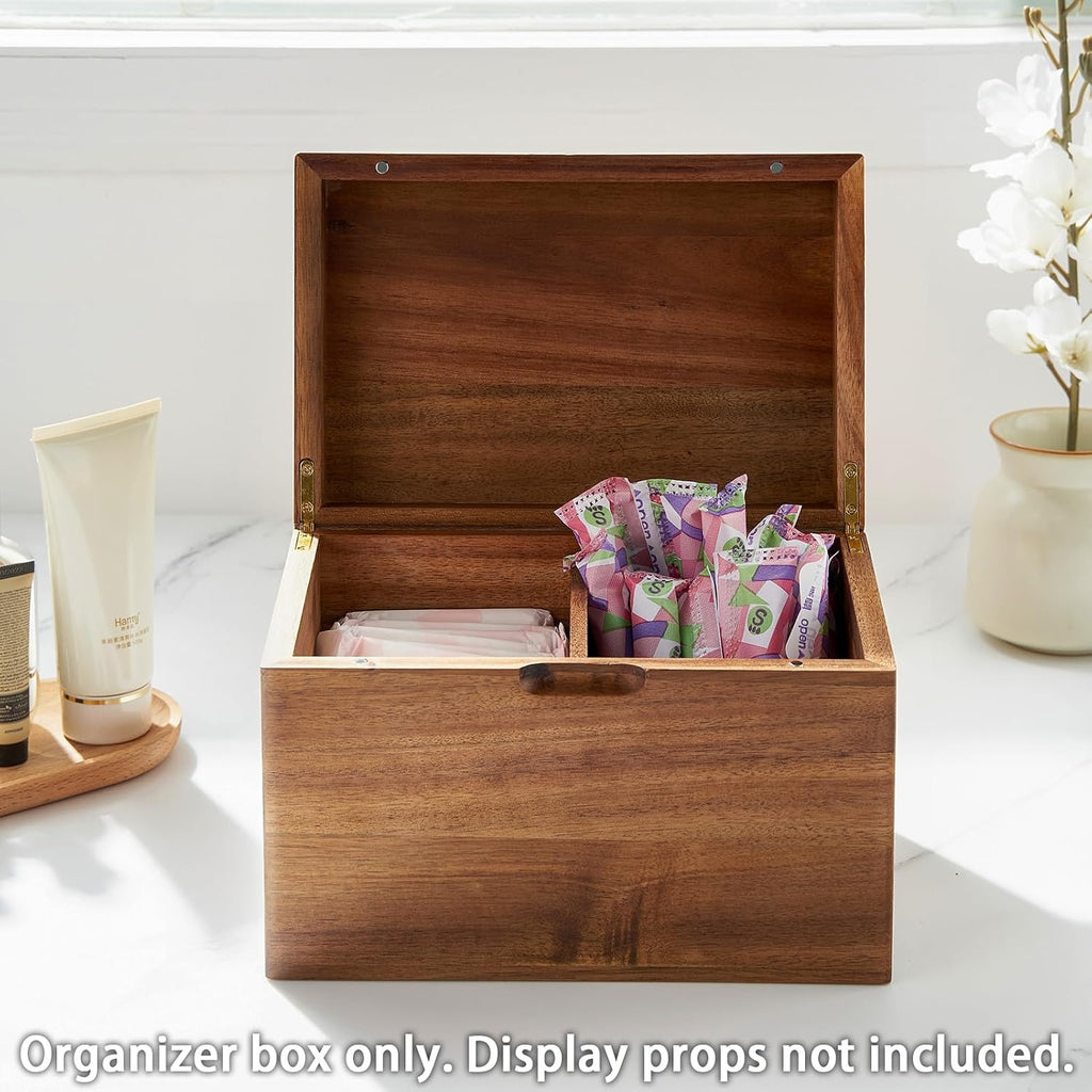 Acacia Wood Tampon Holder for Bathroom, Feminine Product Organizer with Hinged Lid, 2-Compartment Shark Week Period Box, Pad&Tampon Organizer, Girl Stuff Box for Bathroom Storage