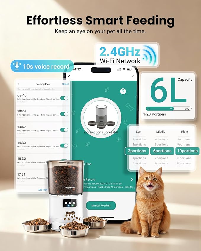 Automatic Cat Feeder for 3 Cats, 6L/25 Cup Cat Food Dispenser