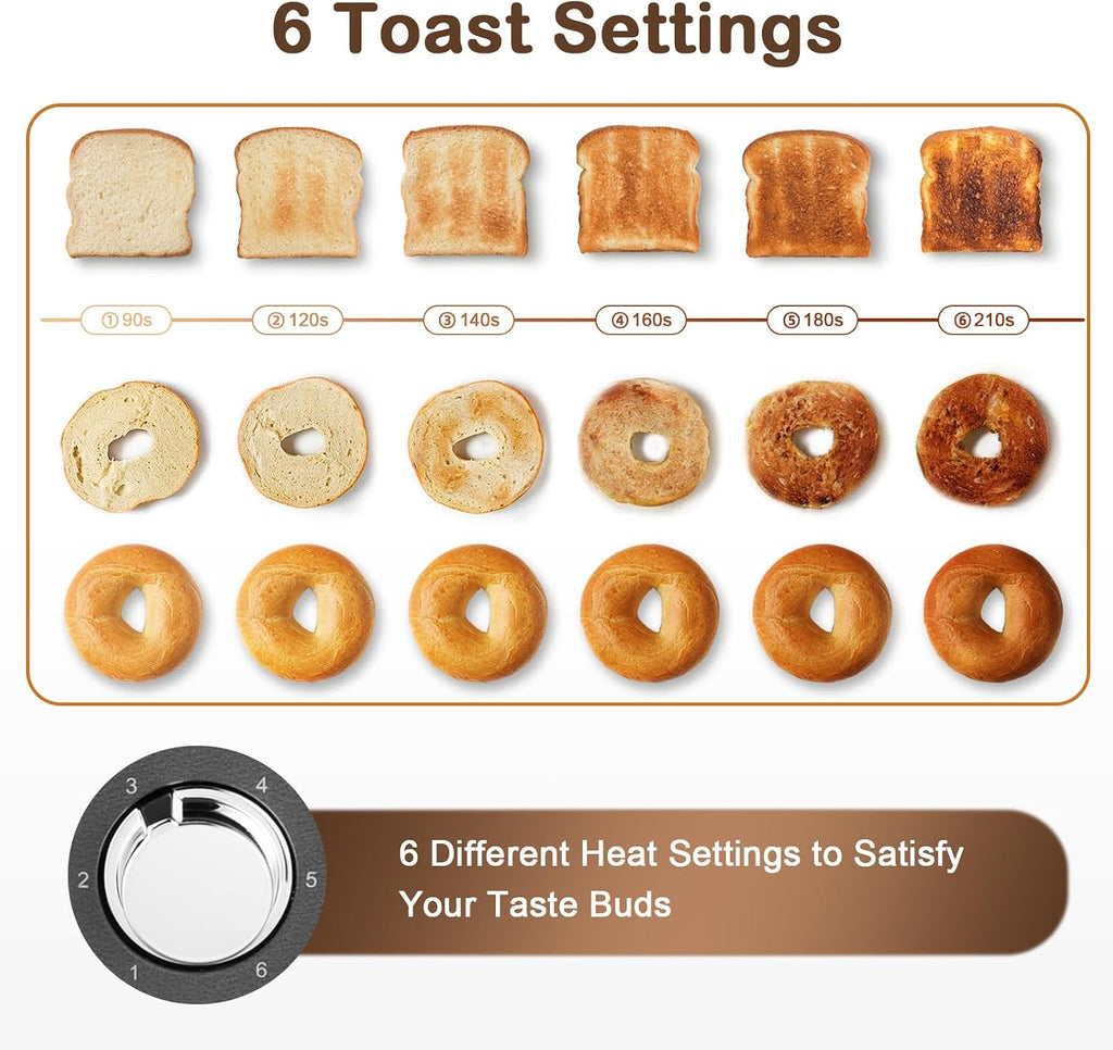 Mecity 4 Slice Toaster, Long Slot Toaster with Timer, Bagel, Defrost, Reheat, Cancel Functions, Warming Rack, Removable Tray, 6 Browning Settings, Extra Wide Slots, Stainless Steel, 1300W