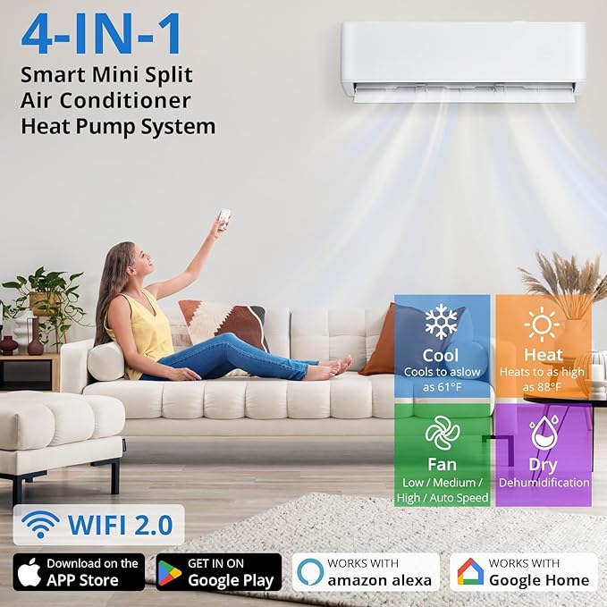 9000 BTU Mini Split Air Conditioner and Heat Pump | 19 SEER2, WiFi & Alexa