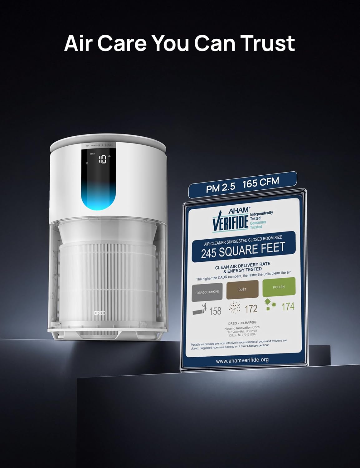 DREO Air Purifier for Home, Up to 1176 ft², HEPA Sleep Mode, Air Purifiers for Large Room & Bedroom, Pets, Smoke, Dust, Pollen & Odors, PM2.5 Monitor, Auto & Turbo Mode, 4 Speeds, DR-HAP009 (Dreo 539)