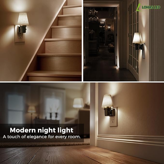 L LOHAS LED Night Lights Plug into Wall, 2 Pack Linen Fabric Round Platform