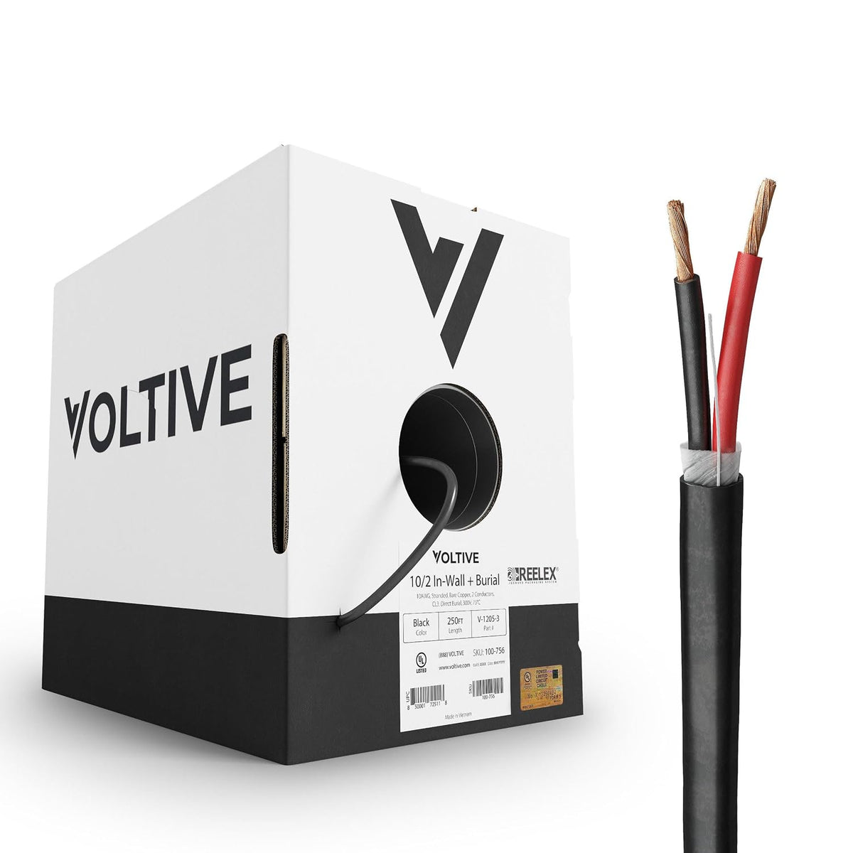 Voltive 10/2 Speaker Wire, in-Wall CL3 & Direct Burial, Black, 250ft - 10AWG, 2 Conductors, Stranded Oxygen-Free Copper, UL Listed - V-1205-3