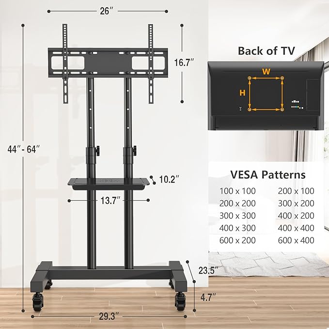 TVON Rolling TV Stand for 32-83 inch Flat Screen/Curved TVs up to 110 lbs