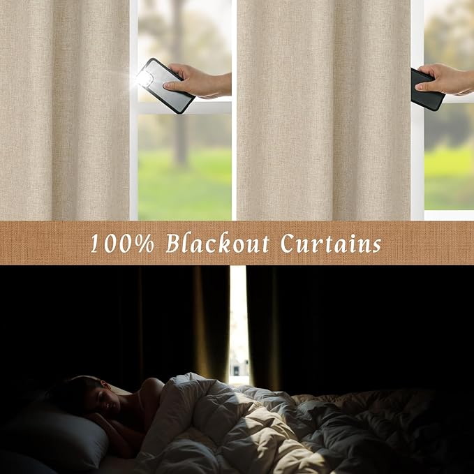 LAMIT 100% Blackout Linen Curtains, 84 Inch Linen Textured Living Room