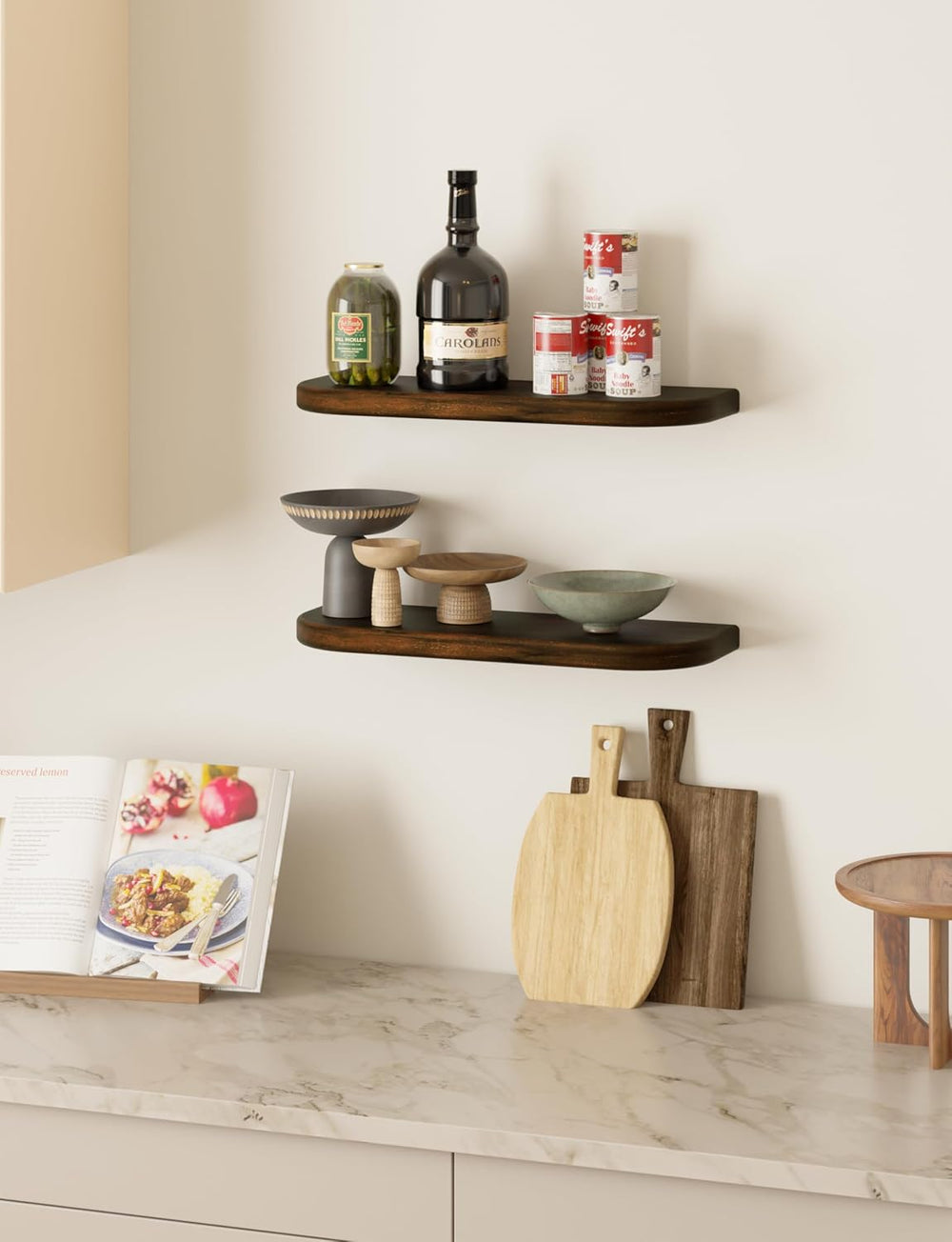 BATODA Set of 2 17" Acacia Wood Floating Shelves for Wall, Walnut Color
