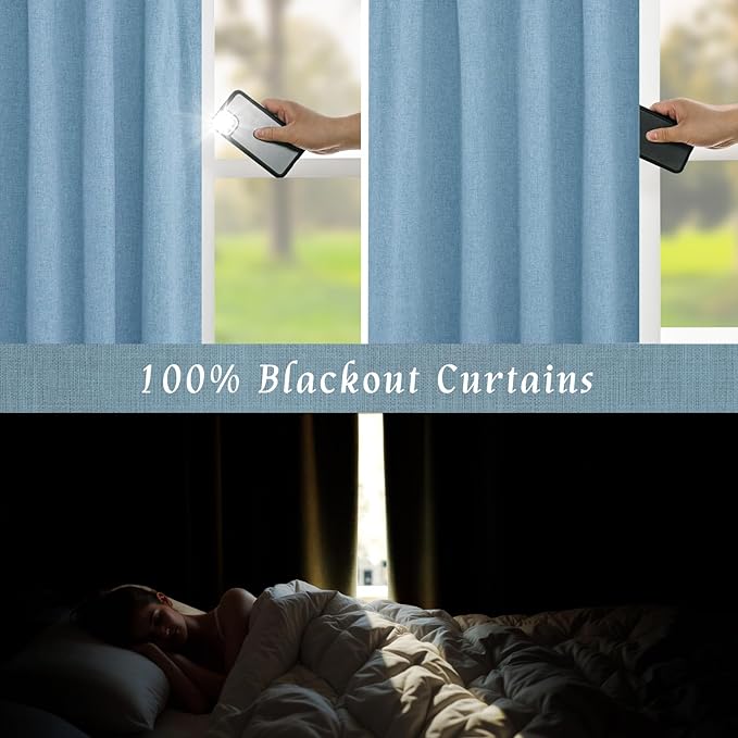 LAMIT 100% Blackout Linen Curtains 63 Inches Long, Linen Textured Living Room