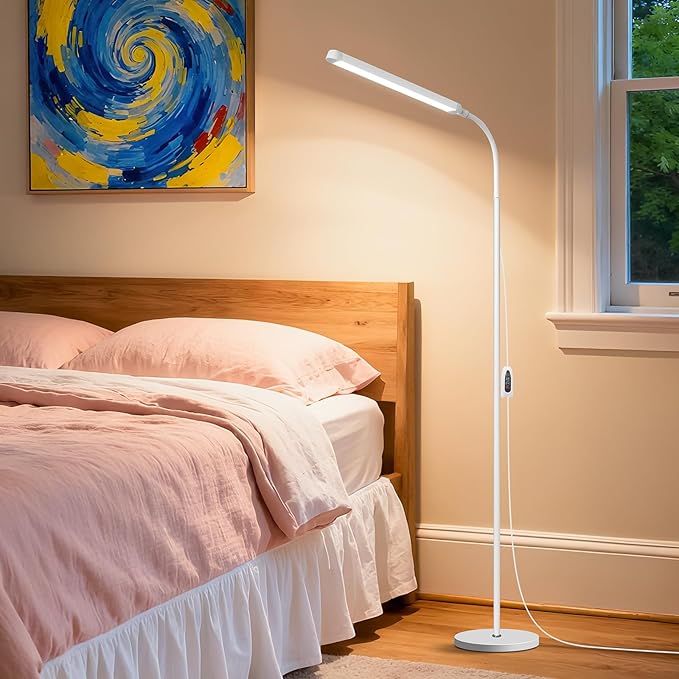 White LED Reading Floor Lamp, Bright 12W Dimmable Standing Light, Adjustable