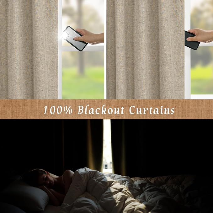 LAMIT 100% Blackout Linen Curtains, 84 Inch Linen Textured Living Room