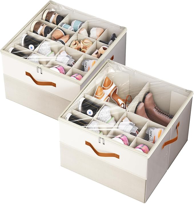 Shoe Organizer for Closet, 2 Pack Foldable Shoe Storage Organizer Box Bin