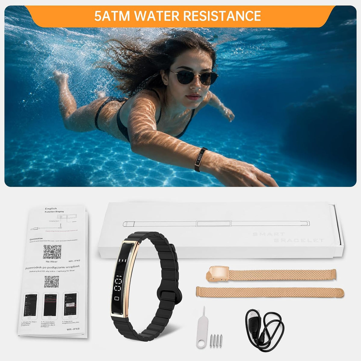 smart bracelet for women men fitness health tracker, front angle view