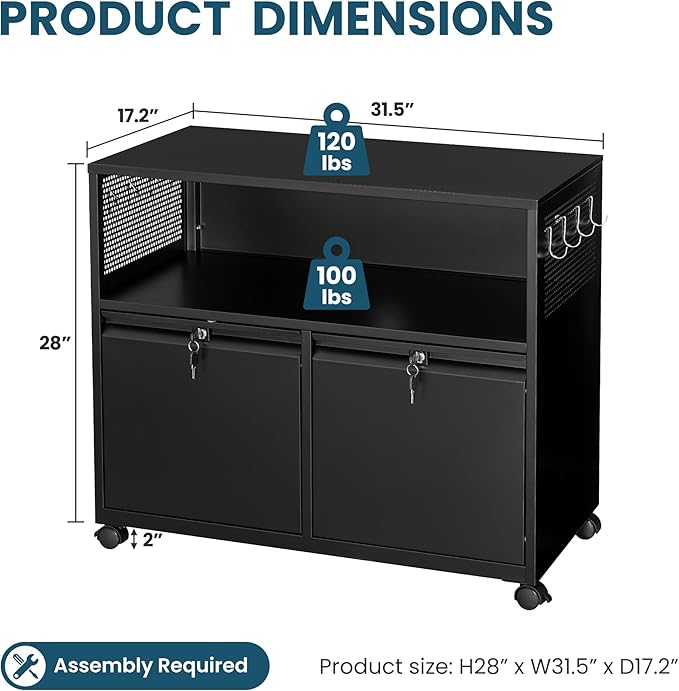 MIIIKO File Cabinet with Storage 2 Drawers, Rolling File Cabinet