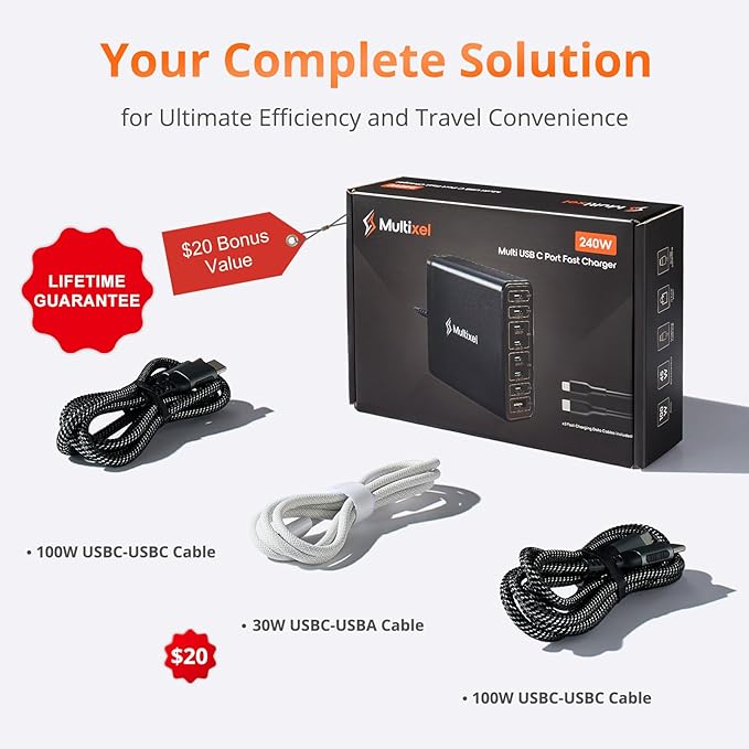 Upgraded 240W 8 Ports GaN Charger, USB Charging Hub, USB-C Charging Hub
