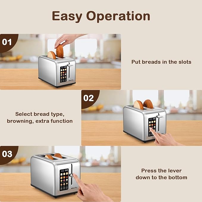 Mecity 2 Slice Toaster Touch Screen 1.5" Wide Slot, Stainless Steel Smart Bread