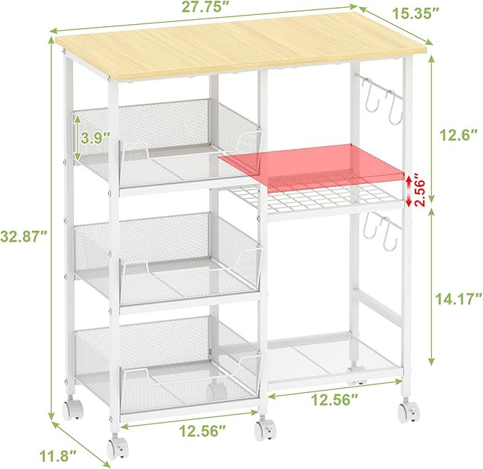 Rolling Kitchen Storage Microwave Cart & Kitchen Island on Wheels, Adjustable