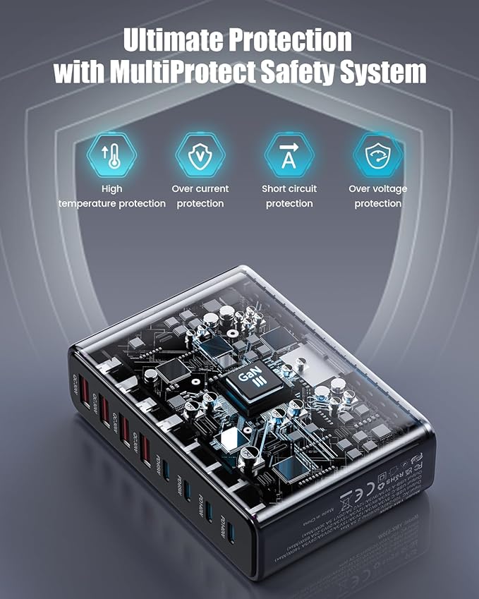 530W USB C Charger Block, 8-Port USB C Charging Station GaN IV Travel