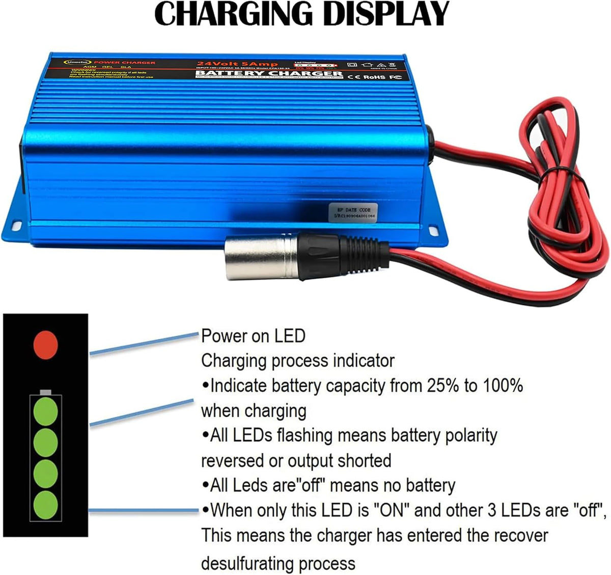 Unocho 24V 5A Battery Charger 4-Stage Smart Lead-Acid Charger with 3-Pin XLR Connector Power Switch and LED Display for Wheelchairs Mobility Scooters AGM Gel SLA VRLA