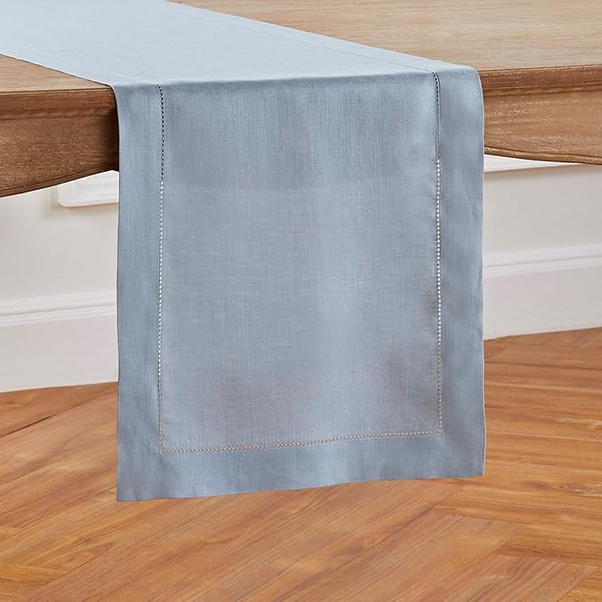 Solino Home Linen Dusty Blue Table Runner 60 Inches - Classic Hemstitch, 100% Pure Linen Coffee Table Runner 14 x 60 Inch Ideal for Dresser Tables - Fall, Autumn, Halloween, Thanksgiving