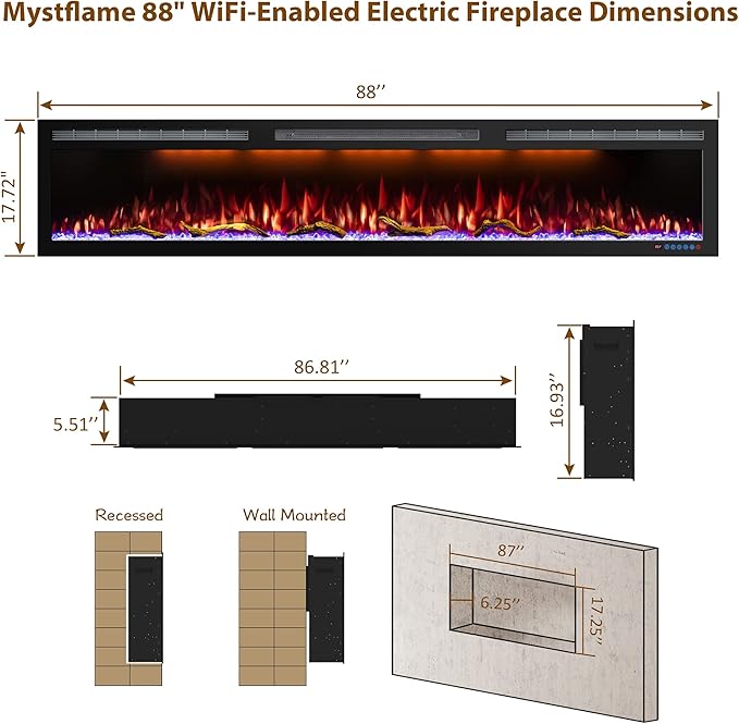 88 Inch WiFi-Enabled Electric Fireplace Inserts & Wall Mounted, Slim Electric