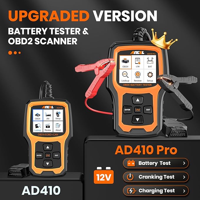 ANCEL AD410 PRO OBD2 Scanner and Battery Tester, 2-in-1 Car Diagnostic Tool