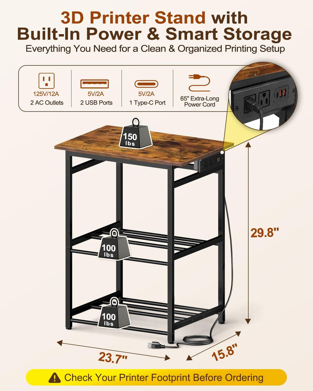 3D Printer Stand with Filament Storage - Heavy Duty Metal 3D Printer Table with Power Hub Spools Holder Racks with Adjustable Feet for Studio Garage Office Workshop