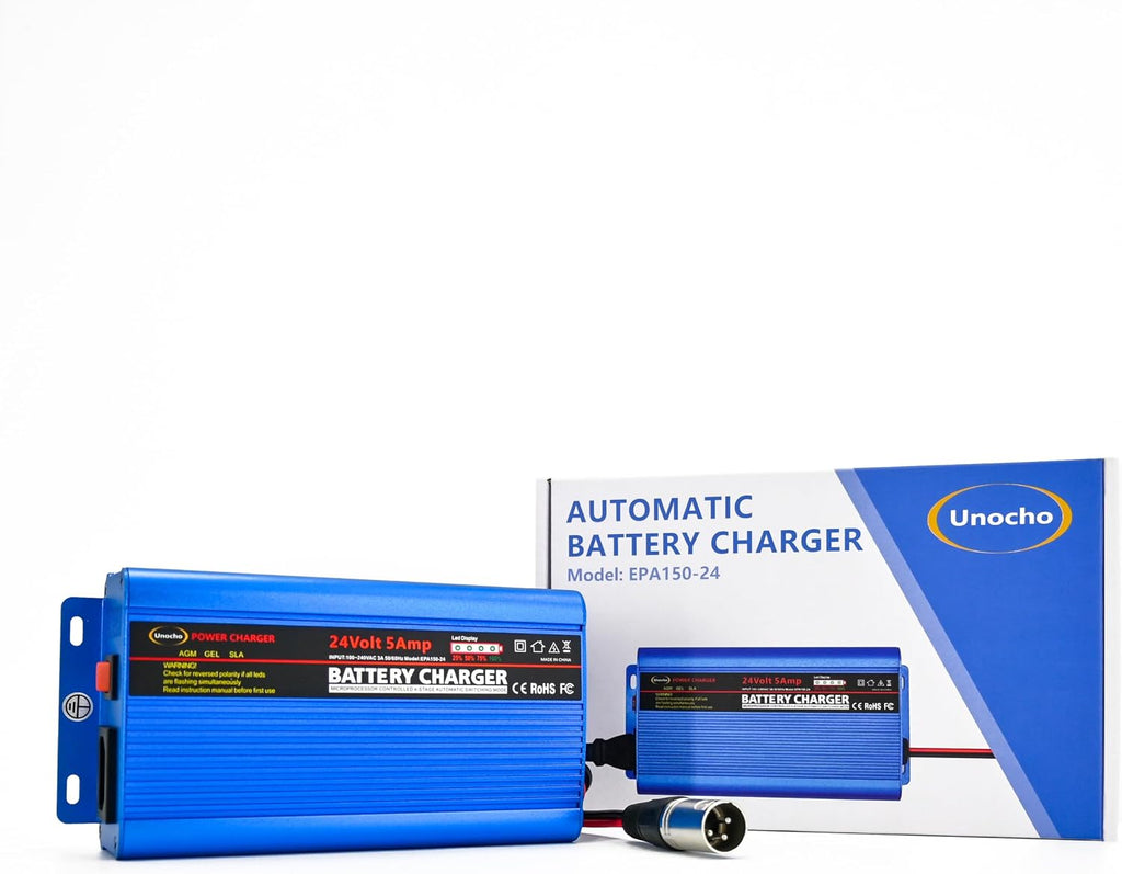 Unocho 24V 5A Battery Charger 4-Stage Smart Lead-Acid Charger with 3-Pin XLR Connector Power Switch and LED Display for Wheelchairs Mobility Scooters AGM Gel SLA VRLA