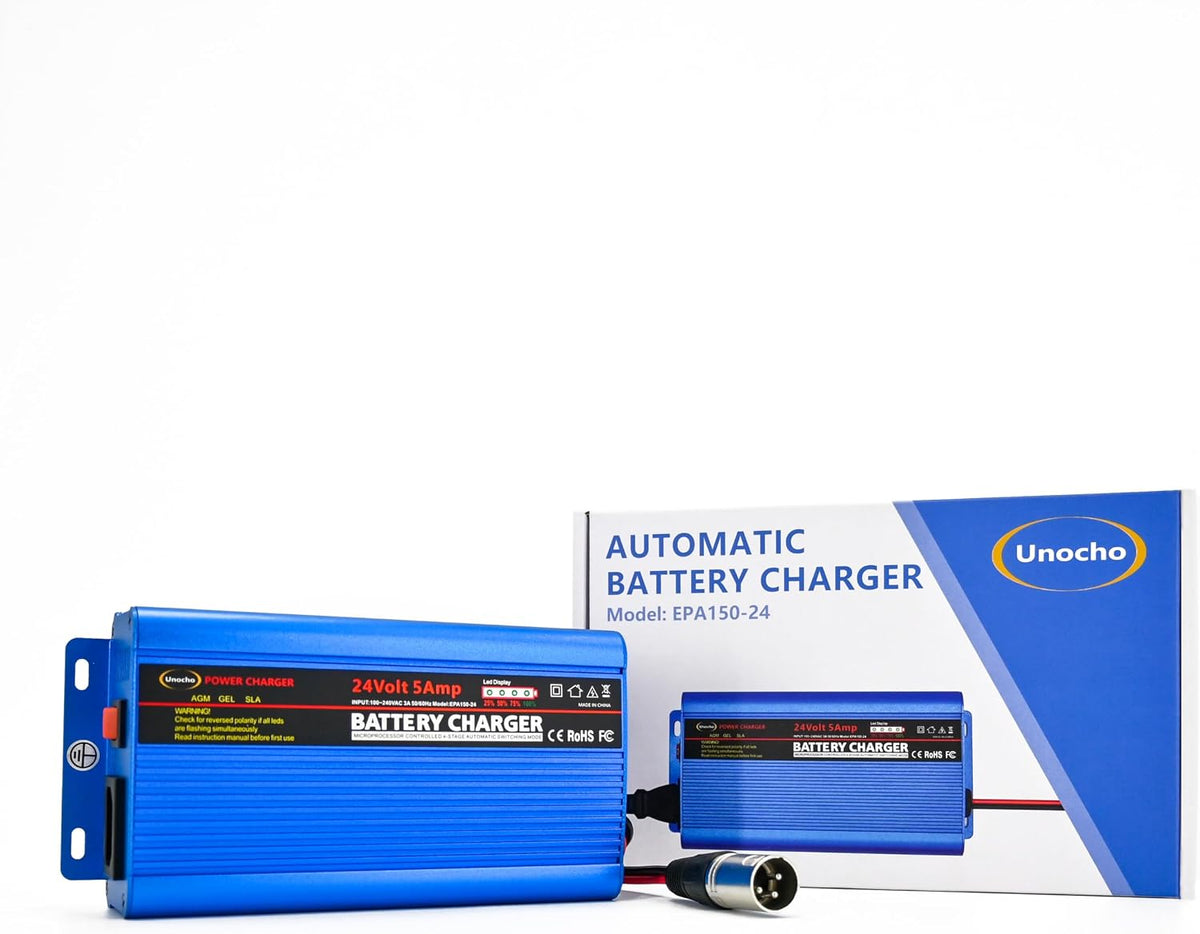 Unocho 24V 5A Battery Charger 4-Stage Smart Lead-Acid Charger with 3-Pin XLR Connector Power Switch and LED Display for Wheelchairs Mobility Scooters AGM Gel SLA VRLA