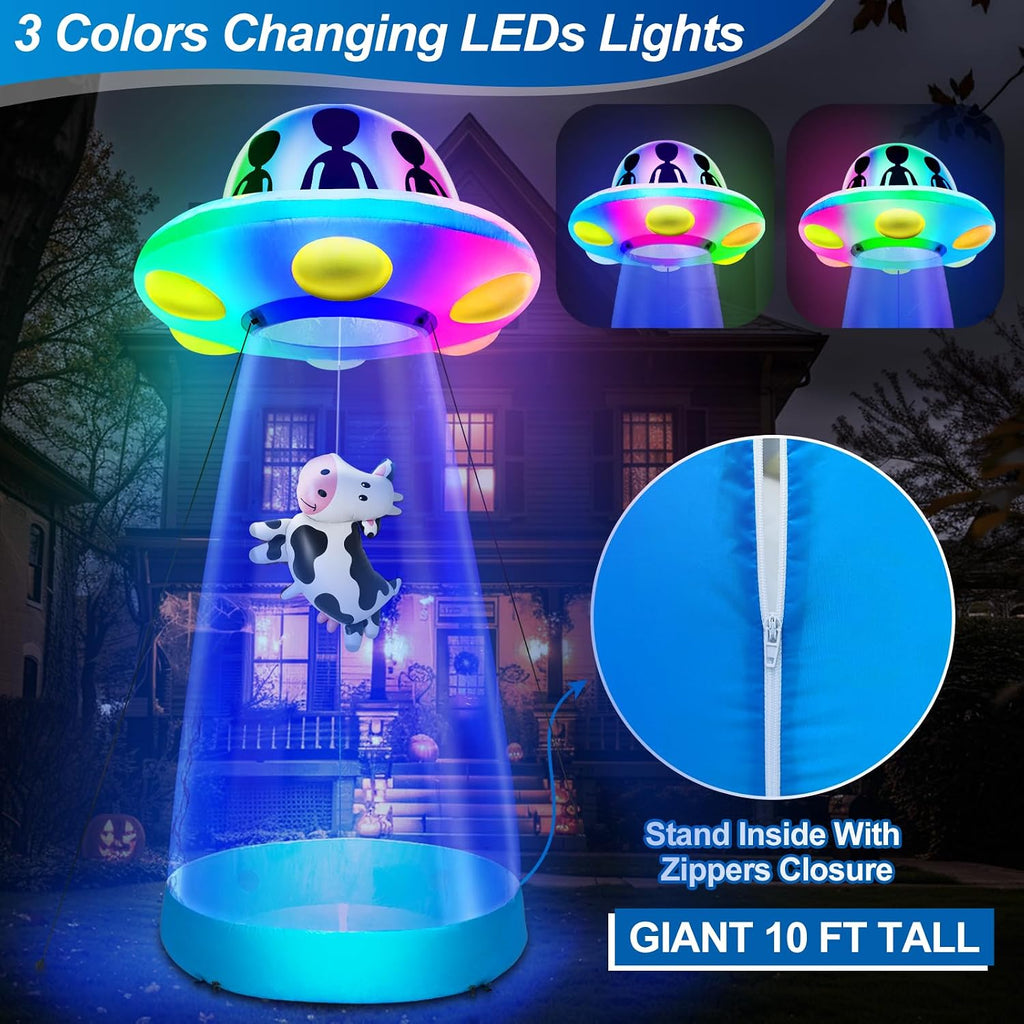 TURNMEON 10 Ft Tall Halloween Inflatable UFO Cow Abduction Decorations