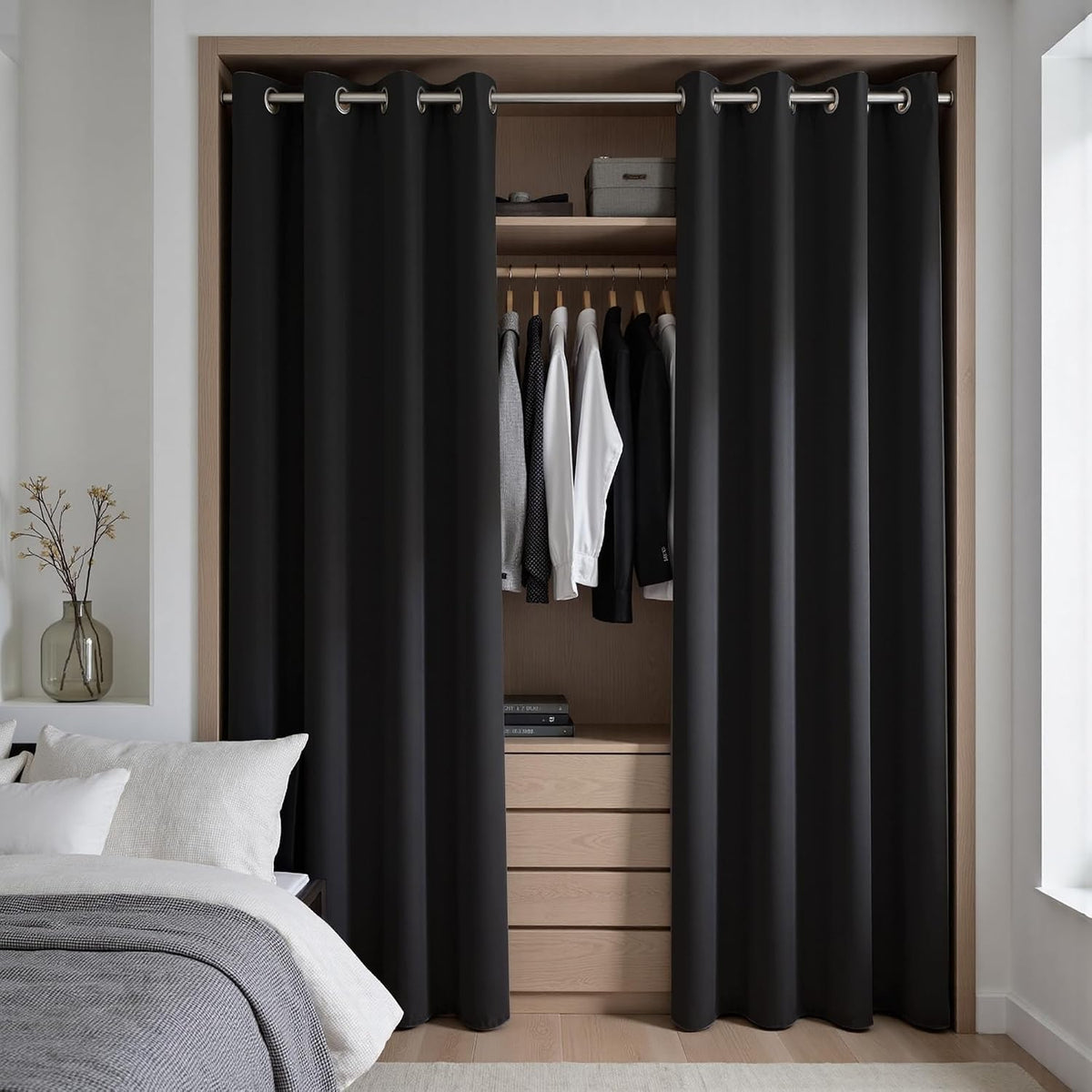 KOUFALL Closet Door Curtain Without Door,Insulated Thermal 78 Inch Long Black Pleated Curtains Alternative to Accordion Door