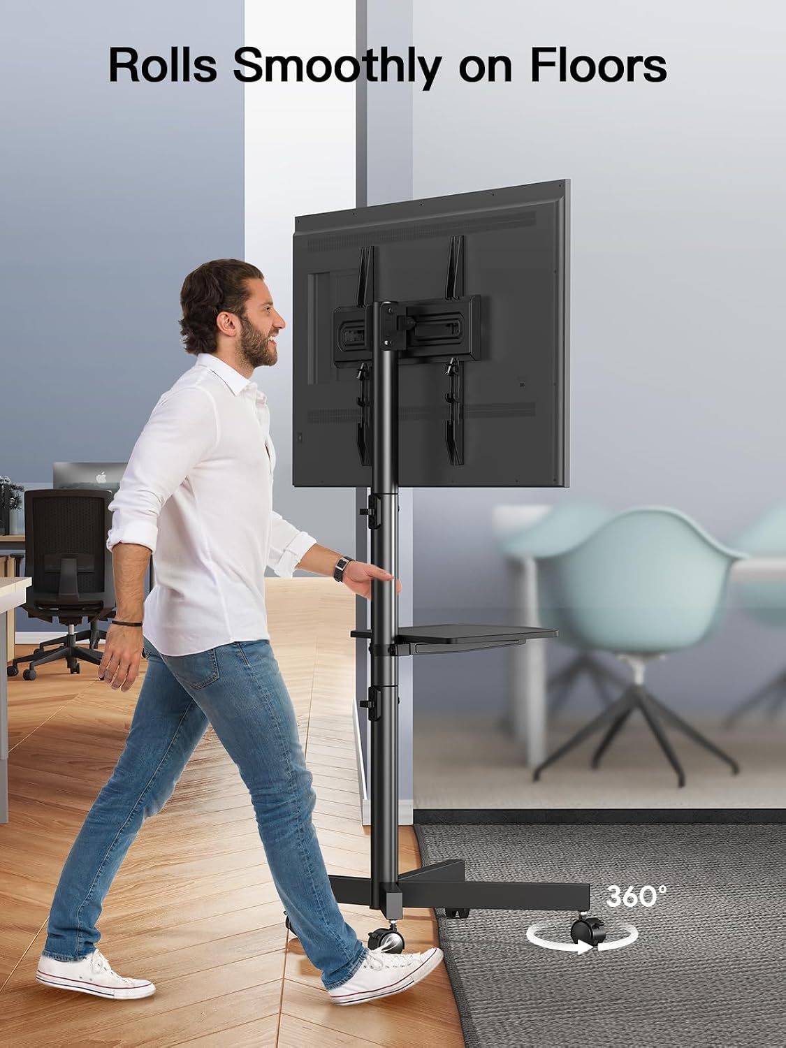 perlesmith rolling tv stand on wheels for 23-65 showing dimensions