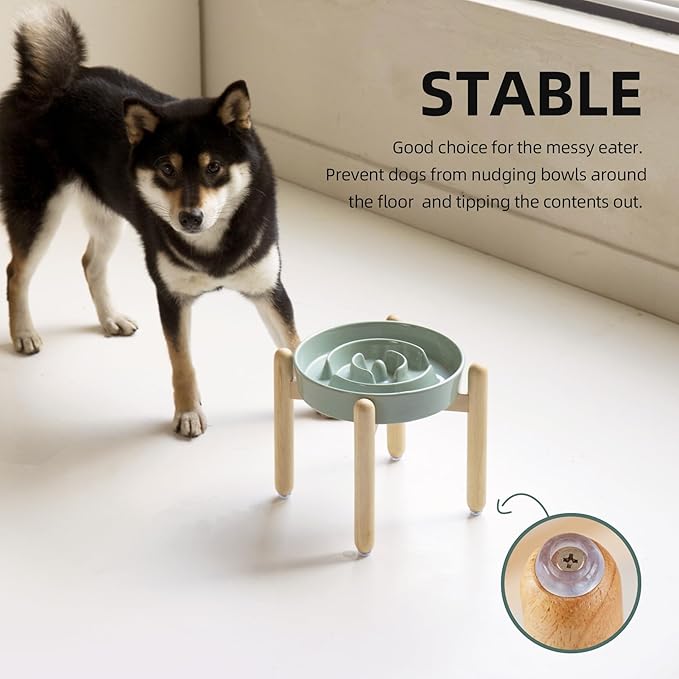 Ceramic 1.6 Cup Raised Slow Feeder Dog Bowl Set, Elevated Wooden Stand