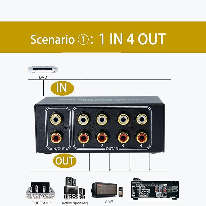 No Noise 4 Way 1 in 4 Out or 4 in 1 Out Audio Sound selector RCA Female Stereo
