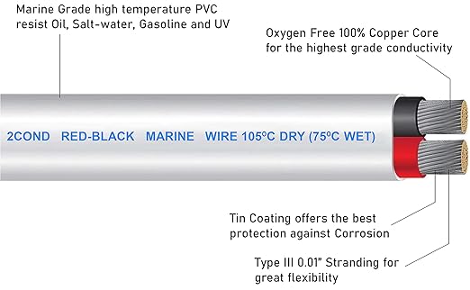 GS Power 100 Ft Duplex Marine Wire, 10 Gauge Wire, Oxygen-Free Tinned Copper 10