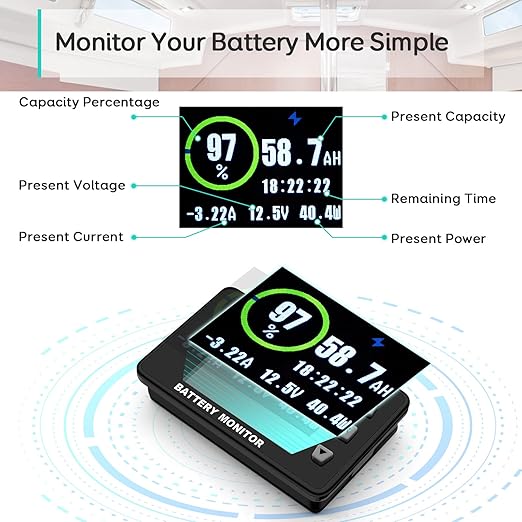 LNEX 500A Shunt Battery Monitor, 2.4" Color Screen RV Monitor