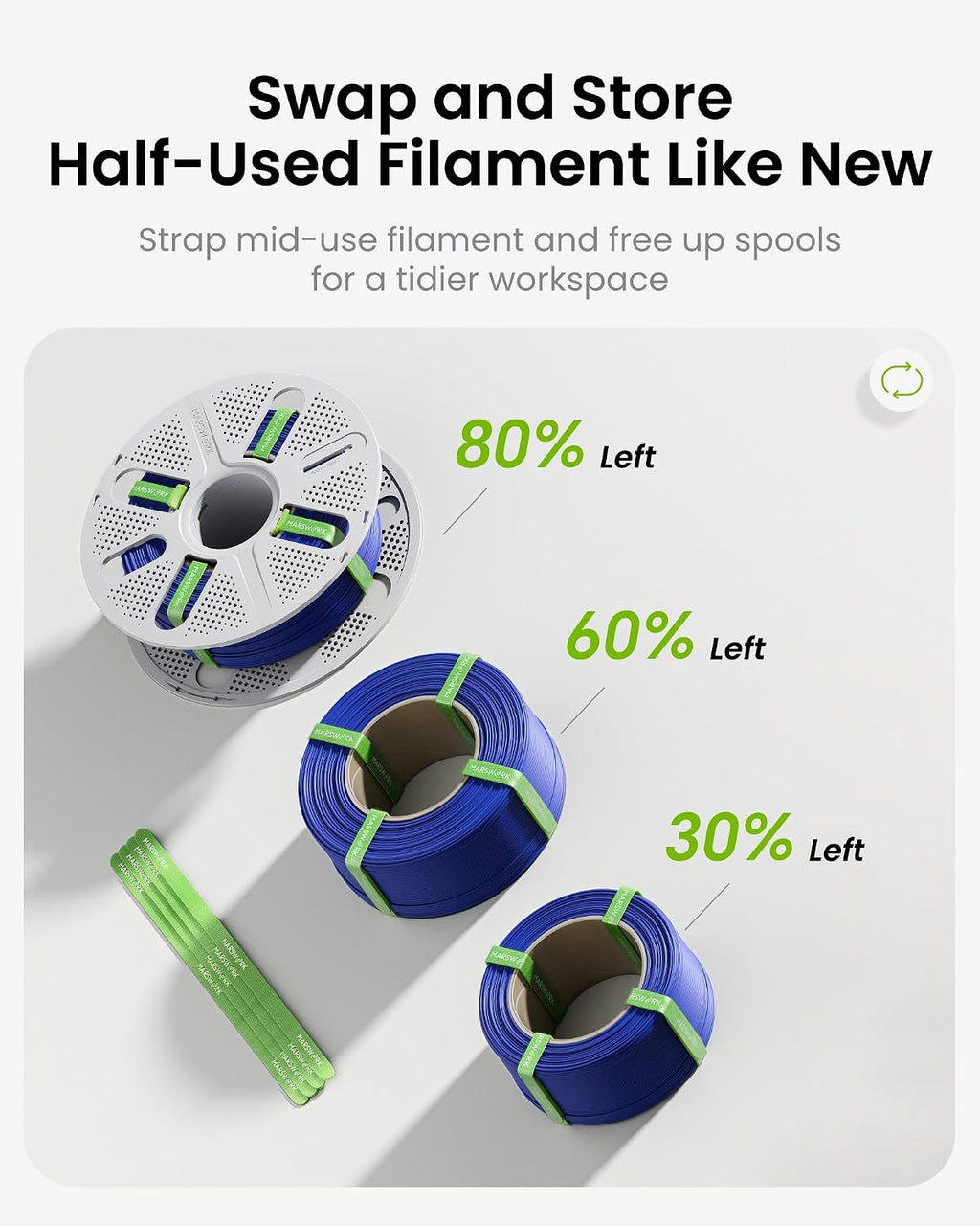 quick-swap reusable spool for refill filament, two-finger press, close-up detail
