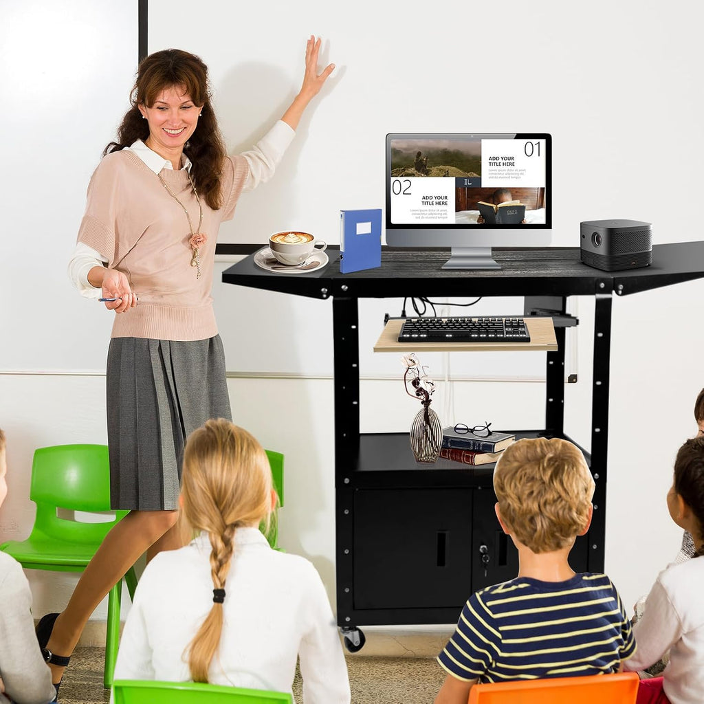 Large Steel AV Cart with Locking Cabinet and Pullout Keyboard Tray, Adjustable-Height Rolling Media Cart with Wheels & Power (54"x18"x43")