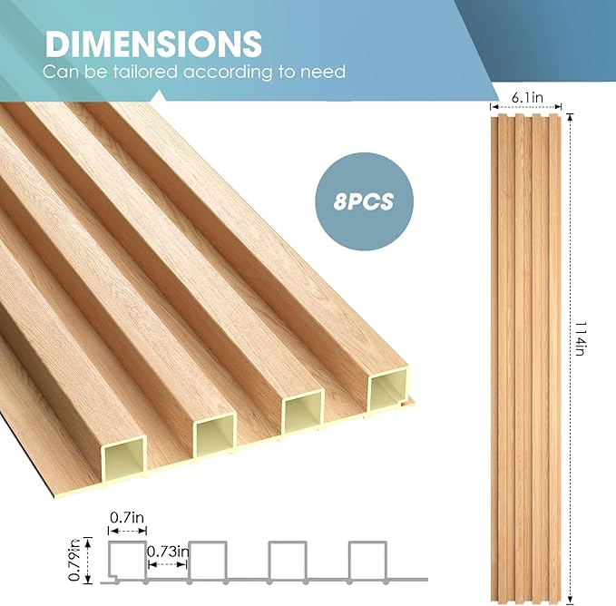 OUZUGIE WPC Acoustic Slat Wall Paneling, Living Room, TV Background, Study Room (8-Pack)