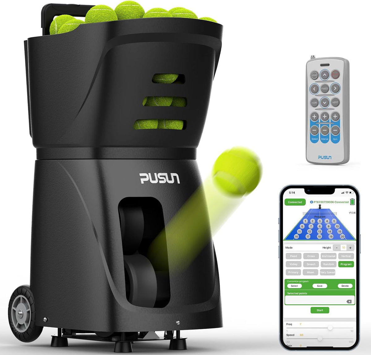 PT-SAMRT-Professional Tennis Ball Machine with App Control - 100+ Ball Capacity - 12 Training Modes - 4-6 Hours Battery Life