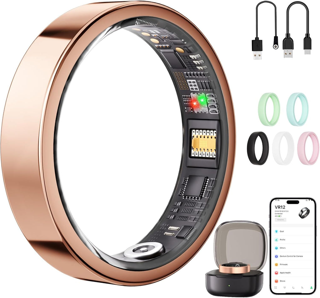 Smart Ring for Women & Men, AI Health Analysis, Thin Fitness Tracker Ring, Health Ring with Heart Rate, SpO2, HRV, Stress, Sleep, Cycle and Activity Tracking, 6.42mm Design, No App Fees (Rose Gold,7#)