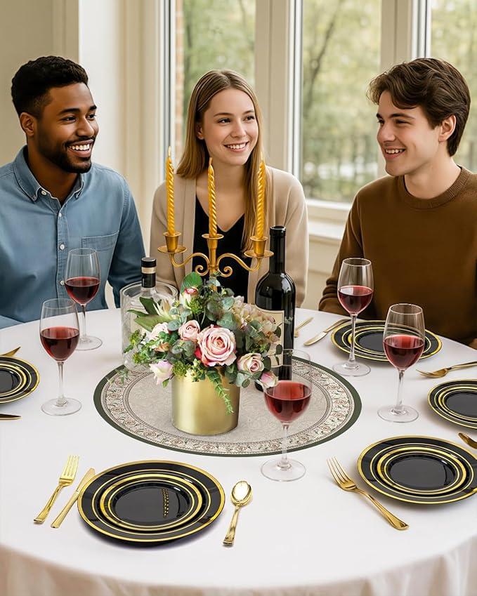 200PCS Black Plastic Plates Set with Gold Rim, 100 10.25 inch Dinner Plates and 100 7.5 inch Dessert Plates, Premium Disposable Plates forfor Party, Wedding, Holiday,And Halloween